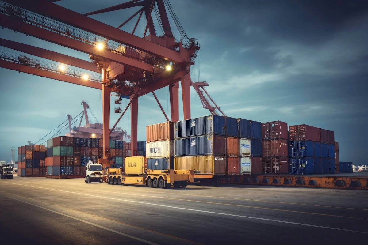 Shipyard with Containers with loading trucks by side